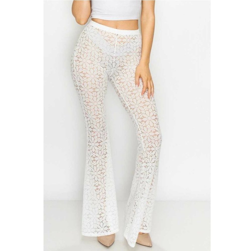 Lace Bell Bottom Pants High Waist White Size S M L - Picture 2 of 6